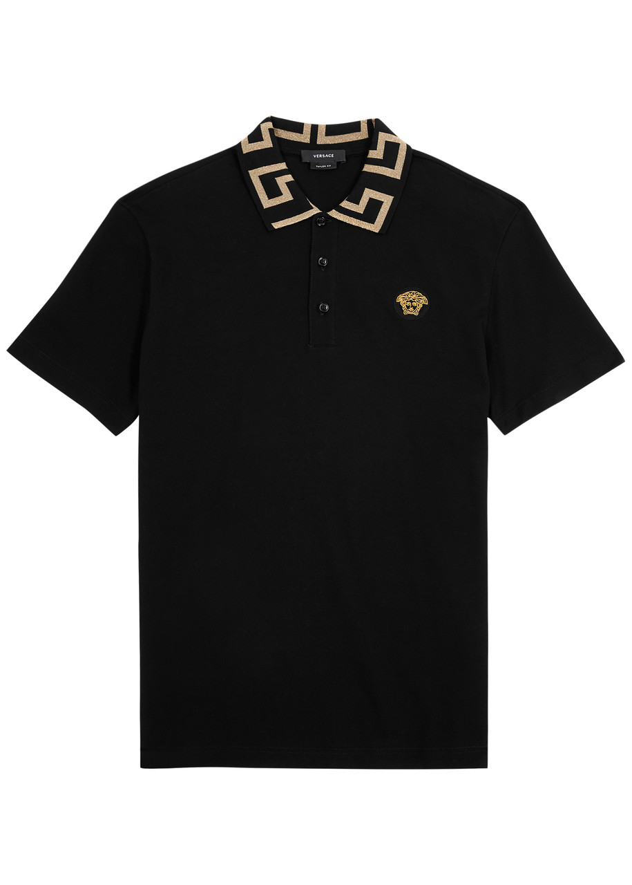 Versace Logo Piqué Cotton Polo Shirt - Black - L