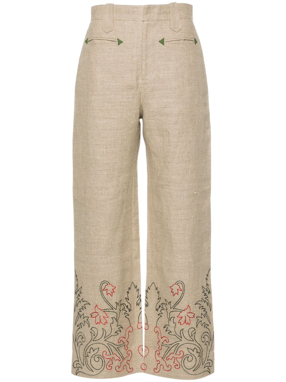 BODE floral-embroidered linen trousers - Neutrals
