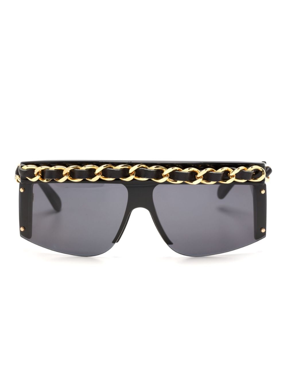 CHANEL Pre-Owned 1990-2000 leather-and-chain trimmed shield sunglasses - Black