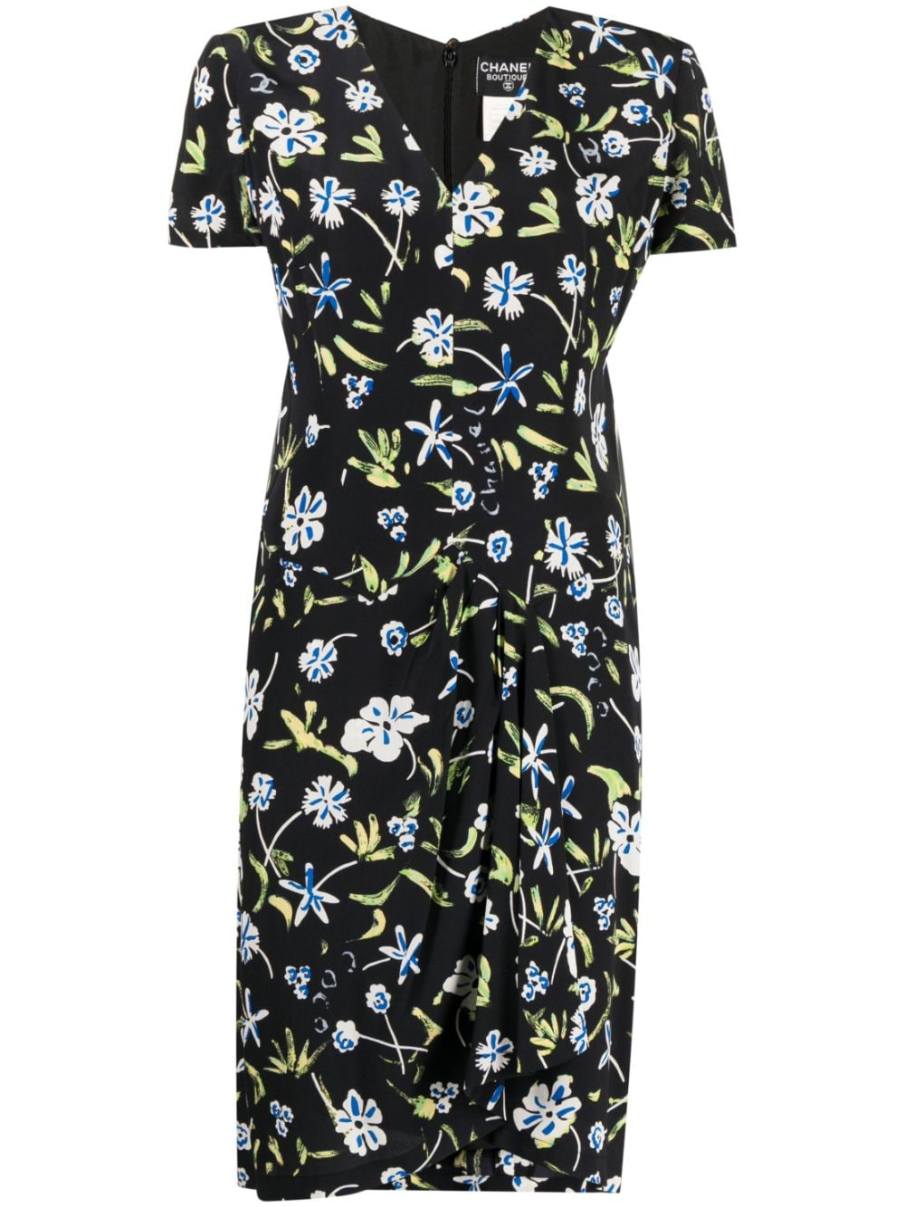CHANEL Pre-Owned 1997 floral-print draped silk dress - Black