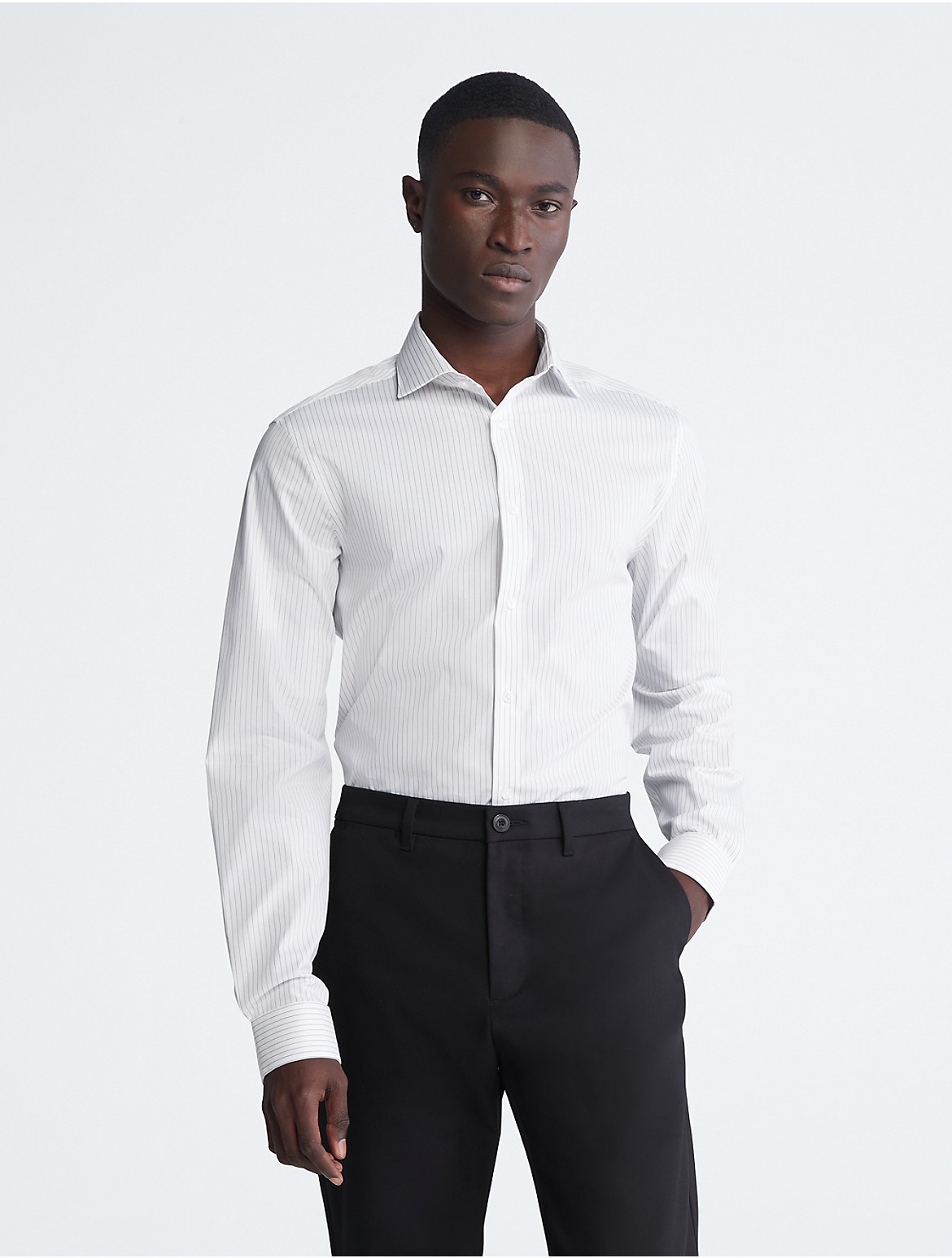 Calvin Klein Men's Steel Slim Fit Grey Stripe Dress Shirt - Grey - 14.5/32-33