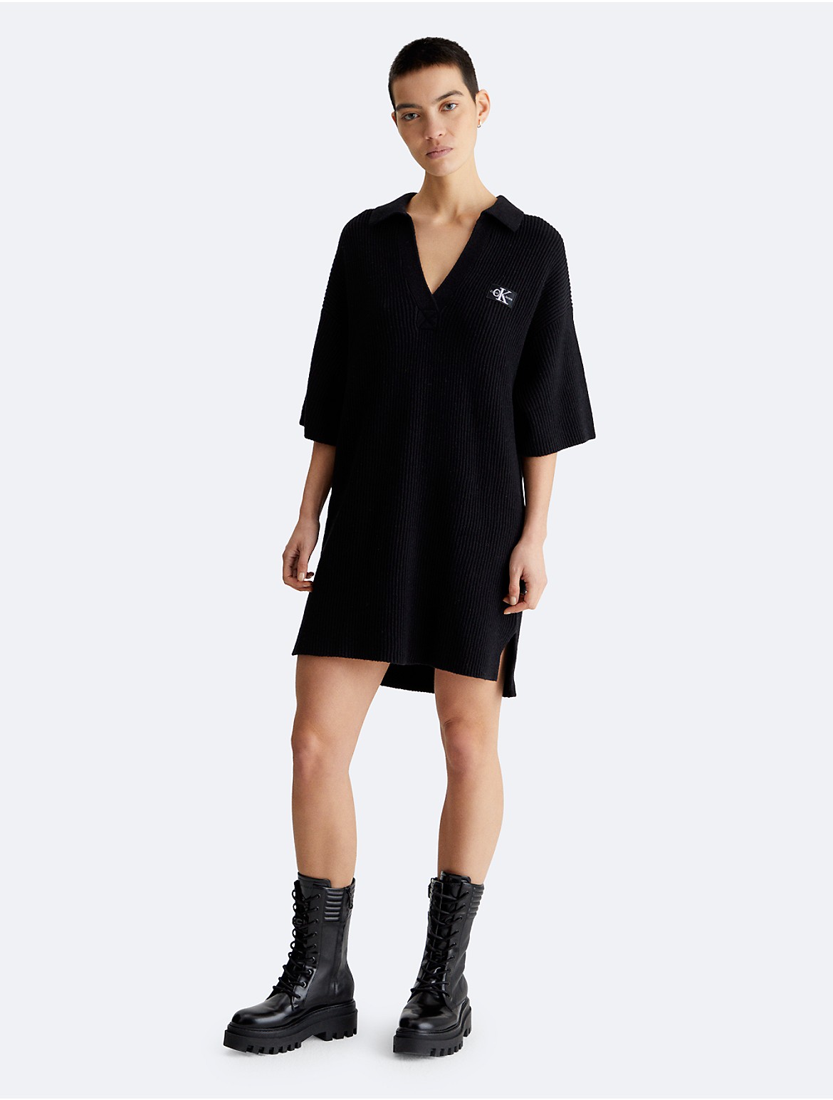 Calvin Klein Women's Ribbed Open Collar Sweater Dress - Black - XXS