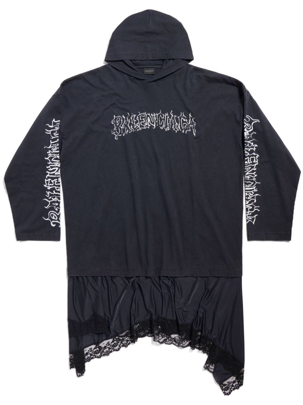 Balenciaga lace-trimmed hooded cotton dress - Black