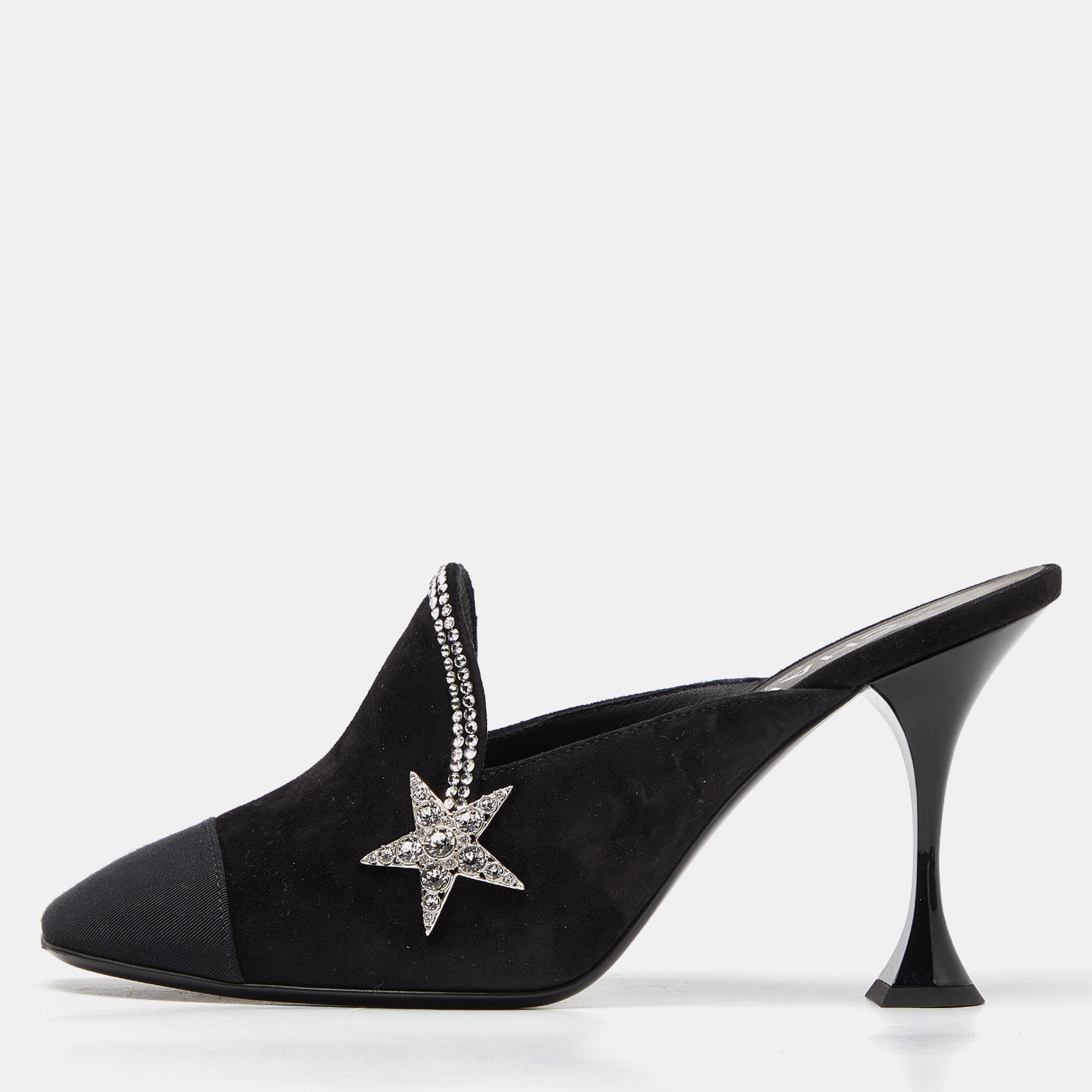 Chanel Black Suede and Grosgrain Crystal Star Mules Size 38