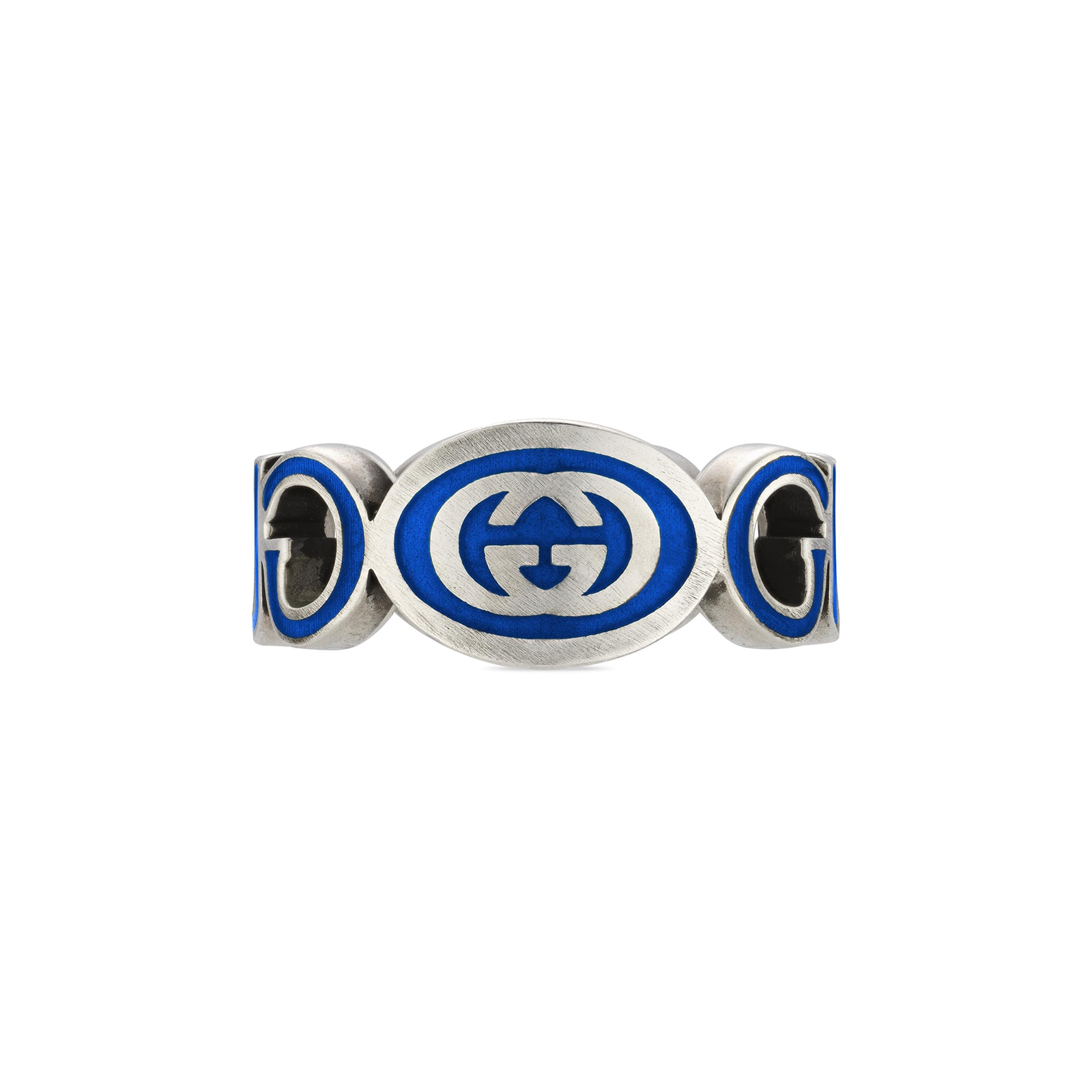 Interlocking G Boule Sterling Silver & Blue Enamel Ring - Ring Size P