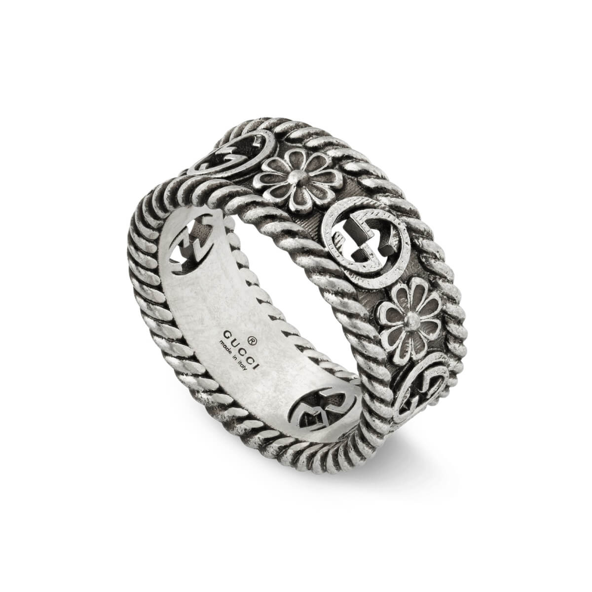 Sterling Silver Interlocking G Aged Flower Ring